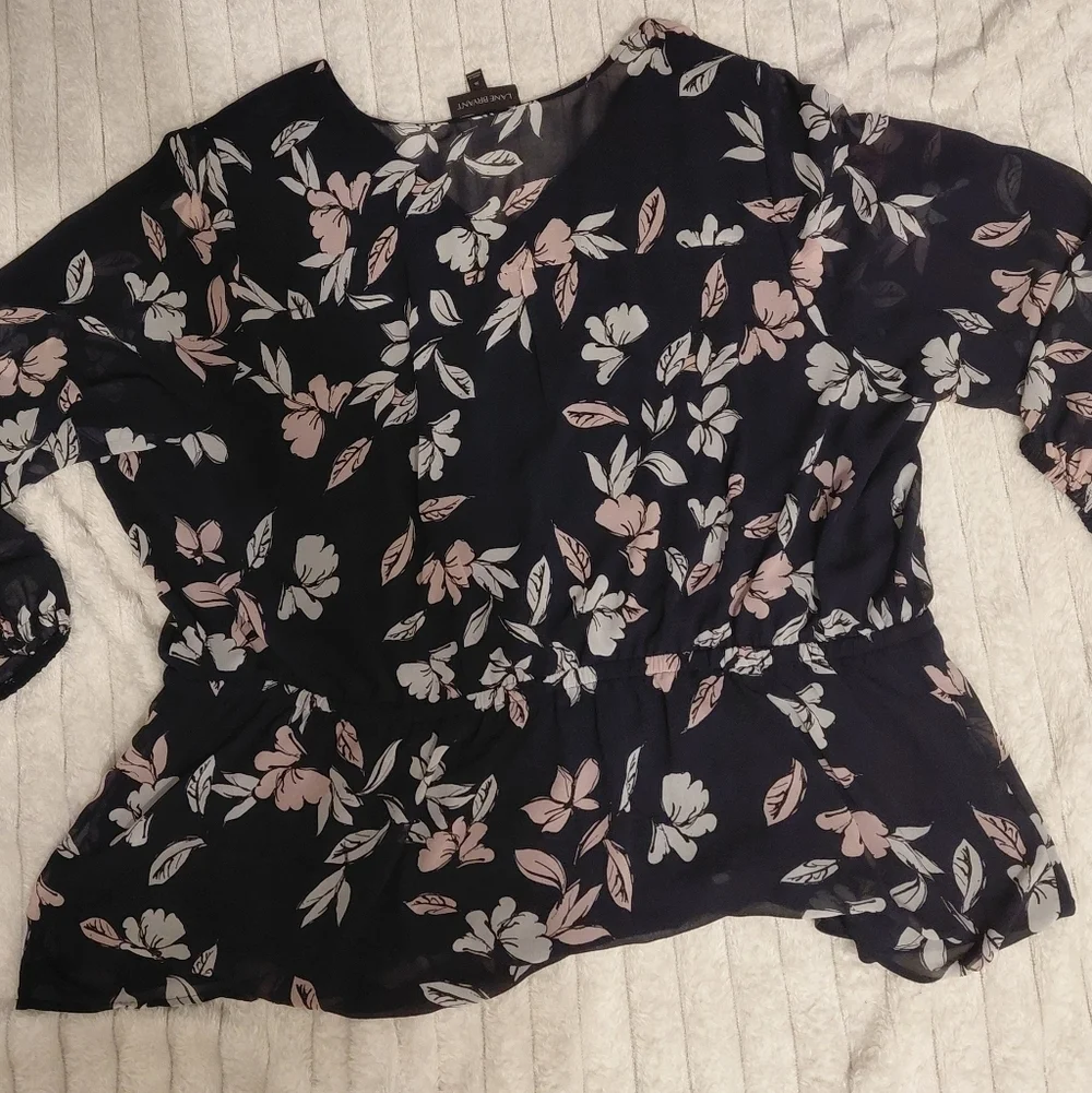 Navy Blue Floral Plus Size Blouse 3/4 Sleeve Lined Lane Bryant
